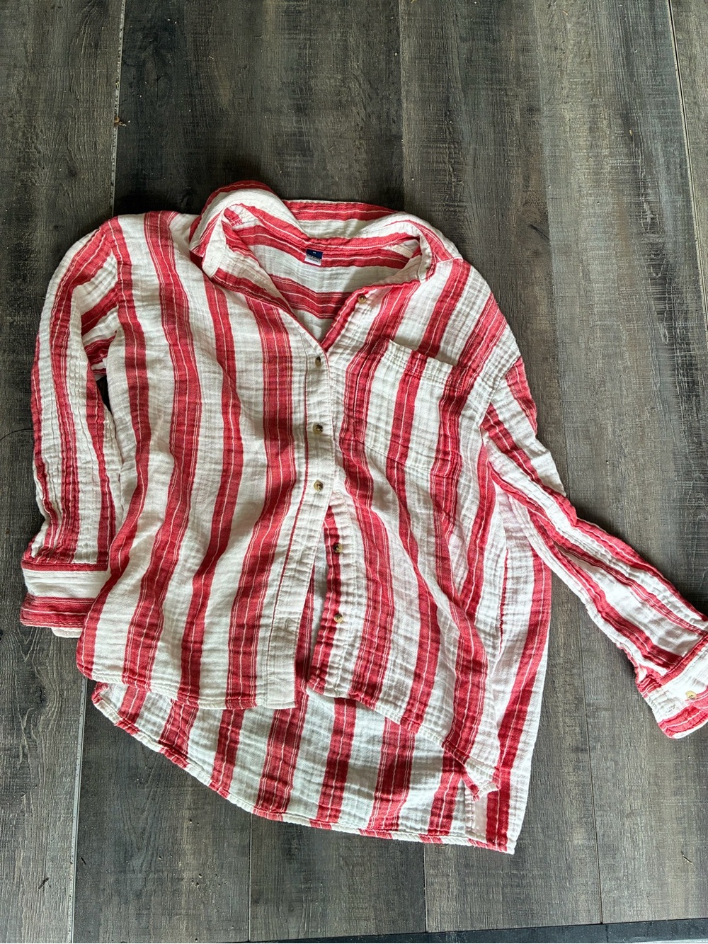Womens Red & White Striped Button-Front Shirt